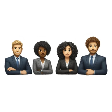 work meeting table 3 men and 4 women sitting on a table wearing suits the women have curly hair and one of the men is fat with a beard and of them is tanned with curly hair sticker
