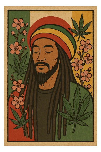 Vintage poster of an Asian Rasta with long dreadlocks, peaceful eyes, and a red-gold-green tam. Surrounded by cherry blossoms and ganja leaves. Background blends Rasta colors into an Asian flag (e.g., red sun from Japan or Chinese star). Retro reggae fusion vibe, with bold lines and aged paper texture.
 sticker