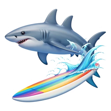 Shark surfing with dolphins and rainbows sticker