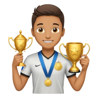 happy soccer player with a first-place medal and a trophy sticker