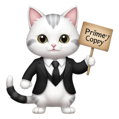 A cat in a black business suit holds a sign with the inscription "PrimeCopy" with one paw and shows a like with the other paw sticker