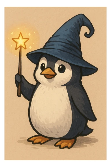 A penguin wizard with a pointy hat and a magic wand sticker