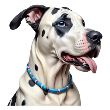 Cinematic Cute Yawning Harlequin Great Dane Portrait Emoji, Head tilted slightly with a dramatic, wide-open yawn, showcasing a smooth coat of predominantly white with bold black patches, floppy ears slightly drooping, round blue eyes barely open in drowsy contentment, Simplified yet irresistibly adorable features, highly detailed, glowing with a soft, cozy glow, high shine, relaxed yet expressive, stylized with a touch of whimsy, bright and endearing, soft glowing outline, capturing the essence of a sleepy yet affectionate guardian, so drowsy it feels like it could stretch out of the screen and curl up for a nap! sticker