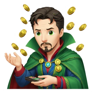 disheveled Doctor Strange losing money at a slot machine, panicked face, coins flying sticker