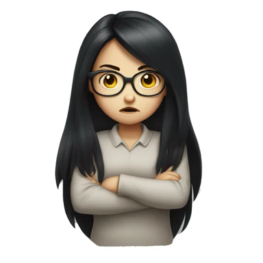 angry scowling white little girl, long black hair, wearing glasses, with arms crossed over chest. sticker