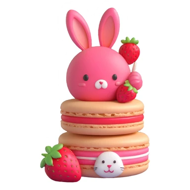 A 3D macaron with a strawberry on top and a bunny peeking out, monochromatic colors sticker