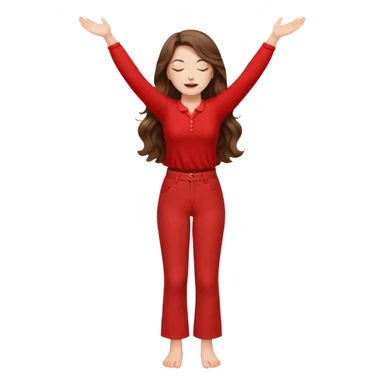crie uma menina branca com cabelos castanhos longos ondulados, uma roupa de calça e blusa de manga curta na cor vermelho, com braços juntos para cima, olhos fechados e perna levantada. a manga é curta mostra os braços sticker