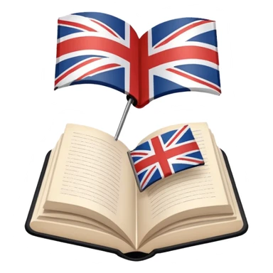 Minimalistic flat vector icon, iOS style, thin black contour on white background. Open book with a small UK/USA flag symbol. No text, no shadows. sticker