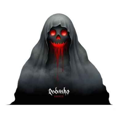 Dark horror wallpaper, 1080x2400, smoky grey charcoal background, subtle eerie light, misty fog, floating dust ("dhoasha dhoasha"), centered distressed text "ROJONI" with faint red smears and inner shadow, cinematic grain, spooky vibe --ar 9:20 --v 5 sticker