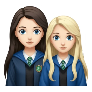 a pretty ravenclaw girl with long dark brown hair and blue eyes standing with a pretty Slytherin girl with long blonde hair, blue eyes sticker