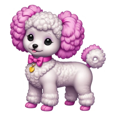 Two white toy poodle–style dogs, fluffy curly fur, round faces, black button eyes. Bright purple ears, hot-pink paws. One taller dog standing upright on hind legs wearing a large pastel pink bow on chest, one smaller round dog sitting. Cute plush emoji style. sticker