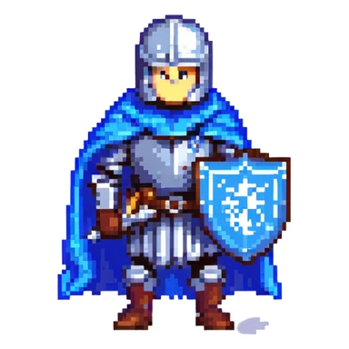 pixel art knight with blue cape, holding a gray iron sword and a blue iron shield sticker