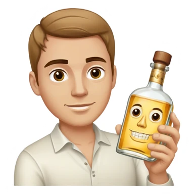 white guy light brown hair and eyebrows holding a bottle of tequila sticker