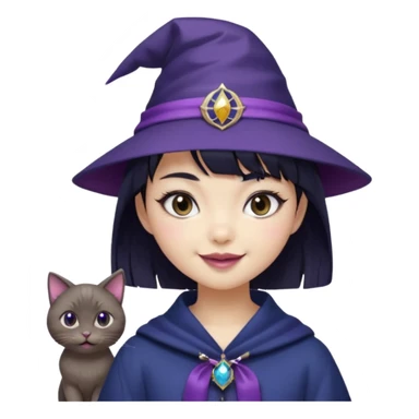 An Asian short-haired girl with short raven hair and bangs, with heterochromia eyes(her left eye is silver coloured and her right eye is dark brown coloured), cat-eyed eyeliner, and laughs with a tiny fang of mauve-toned lipstick, wears a dark navy wizard hat with an emblem on it. sticker