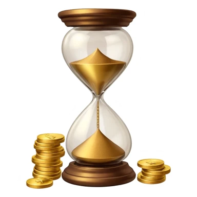Realistic 3D render of a stack of shiny gold coins with brown hourglass beside it. The hourglass has transparent glass with dark golden-brown sand flowing inside and warm brown top and base. Soft lighting, clean white background, smooth shadows, high detail, symbolizing time and wealth. sticker