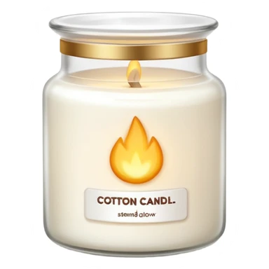 minimal flat emoji of a white scented candle in a glossy white glass jar with the label “cotton”, soft warm glow, clean vector style, elegant and modern, transparent background lux style sticker