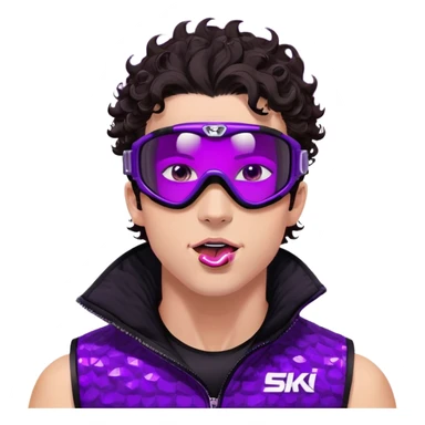 close-up of cool guy male athlete with white skin and moderately curly dark brown hair on top with shaved sides, with one purple ski goggle lens pushed up above his eyes on his forehead, sticking his tongue out of his mouth, a simple plain black chain necklace, and a completely unzipped sleeveless vest with purple and black sequin fire pattern design with no logo sticker