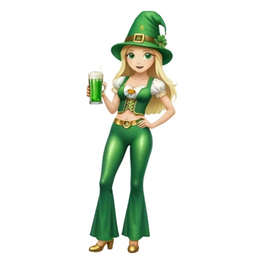 Blonde haired girl in glittery green bell bottoms and tall leprechaun hat holding a green beer sticker