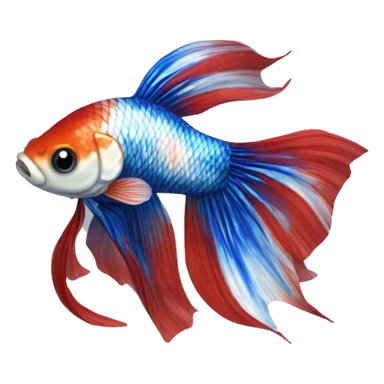 A Koi Betta with a marbled pattern of red, white, and metallic blue. Its long, flowing fins mirror the vibrant body, with a shimmering blue iridescence sticker