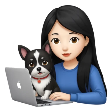 Asian girl with long black hair working on an Apple laptop, next to her is a small black and white dog sticker