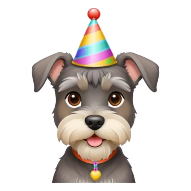 A schnauzer dog wearing a colorful birthday hat sticker