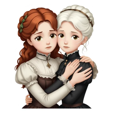 Two Victorian women with light eyes embracing in a sad, intimate hug. One woman has bright white coiffed hair and the other has dark copper coiffed hair. Both wearing Victorian high-neck dresses with their arms wrapped tightly around each other sticker