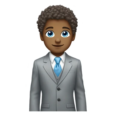 Little young  gentleman wearing a grey suit with white shirt and baby blue tie with blue eyes , white boy and brown curly hair and full body . Wearing a watch  sticker