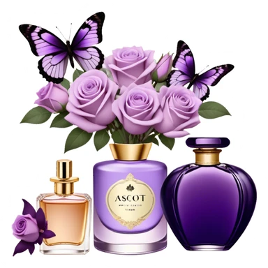 A delicate bouquet of soft lilac Ascott tea roses rests beside a pastel violet aesthetic, accompanied by a stunning butterfly with dark orchid-colored wings, while a luxurious royal purple silk ribbon cascades elegantly next to a beautifully crafted vintage-style perfume flacon in a rich heather hue. sticker