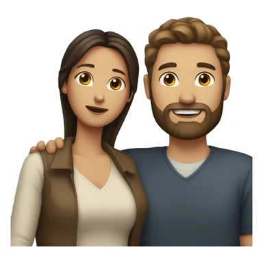 Woman with dark hair and highlights hugs Brown haired man with beard sticker