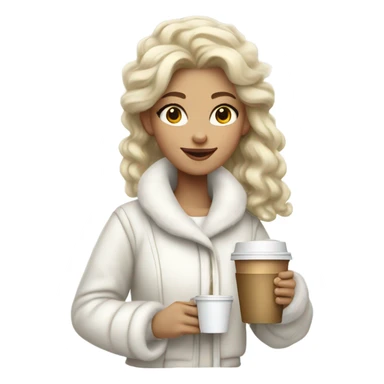 blonde girl wearing white fluffy jacket and a coffee to go in hand all dress white and a white bow on hair sticker