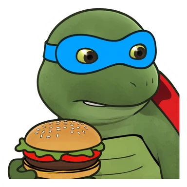 ninja turtle wearing blue eye mask with burger sticker