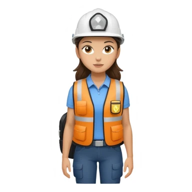 Brunette brown Girl full body standing with her white security helmet and security vest on, also with her black backpack sticker