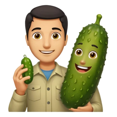 Dark haired Arab man standing next to a pickle with a face on it sticker