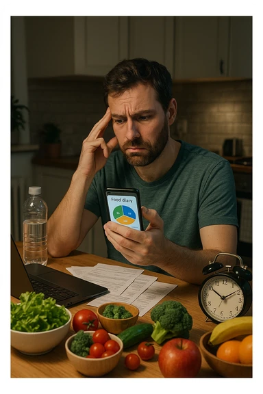  a man sits at his kitchen table, reviewing a food diary or nutrition app on his phone, with a perplexed look. Around him are healthy meal ingredients and a water bottle, but also subtle hints of stress (bills, work laptop) and lack of sleep (alarm clock showing late hour). The mood is thoughtful, highlighting the hidden factors behind weight. sticker