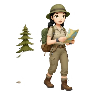 A braid black hair backpacking woman checking her map with curious eyes while walking wear camping hat and dirt covered boots full body sticker