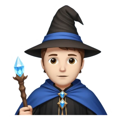 A white-skinned man with brown hair stands in sharp black clothing. He wears a pointed wizard hat and cape, holding a wooden staff crowned with a glowing blue crystal. His calm expression and steady posture suggest quiet mastery and a blend of magic, mystery, and modern elegance. sticker