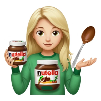 Blond woman with white and green pullover holds in one hand a big carriage of Nutella and in the other hand a oversized spoon which is inside the jar of Nutella. Her hair is long. And the Nutella jar is very big sticker