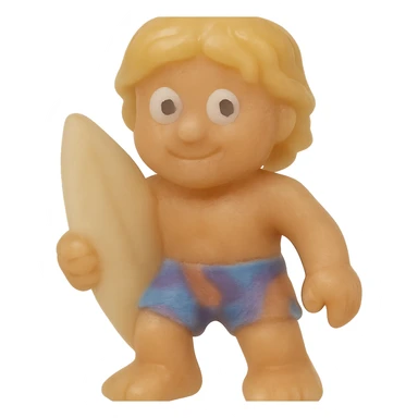 Make the surfer bro much more transparent and match the exact retro 90's toy style of the previous ocean animal emojis. Use natural colors (tan skin, blonde hair, colorful shorts), derpy eyes, no tag, no background. Soft plastic, soft reflections, soft and squishy, some cloudiness, not shiny, highly detailed, appealing. The style should resemble retro 90's soft plastic toy style with soft reflections and cloudiness, not shiny. sticker
