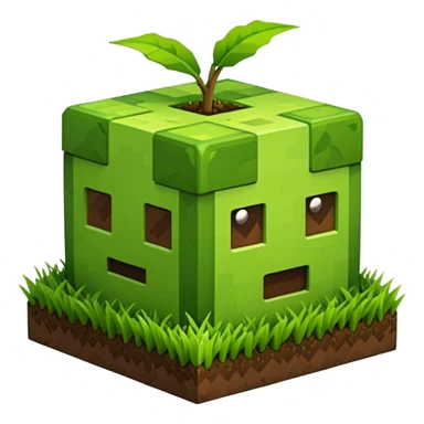 A 3D Apple-style emoji of a Minecraft grass block, cubic shape, with bright green grass on top and brown soil with pixel texture on the sides, simple and cute cartoon design. sticker