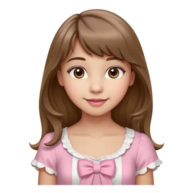 A teenage cute girl with very light olive skin and soft pinkish cheeks. Large bambie dark hazel eyes. Long wavy light brown hair with soft bangs. Features are very feminine and beautiful. medium straight nose with a soft tip. Medium natural pink lips. Wearing a simple dress in pink and white.  sticker