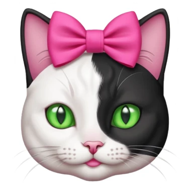A black and white cat head with green eyes she has a hot pink bow on her head  sticker
