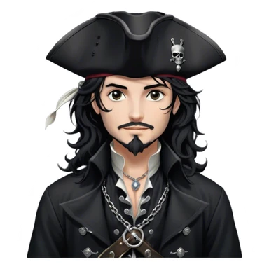 A charismatic pirate with wavy black hair tousled. His black tricorn hat, embroidered with silver, casts a shadow over his confident features. Dark eyes glint with mischief as he gazes to the side, a knowing smile on his lips. His fitted black coat, adorned with silver buttons. A silver chain dangles from his belt sticker