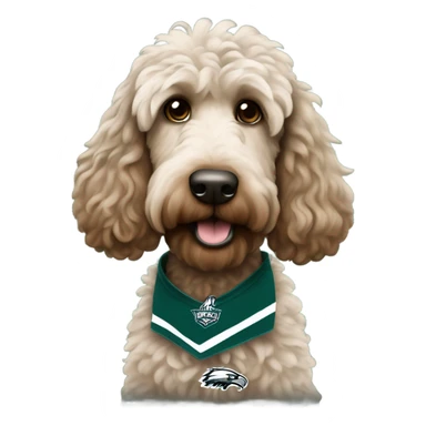 brownish Labradoodle wearing a Philadelphia eagles shirt sticker