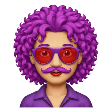 purple haired, curly big haired mexican boy with red sunglassess, vrey cool and lipstick and mstache sticker