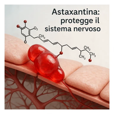 hyper realistic red astaxanthin molecule highlighted crossing a stylized blood-brain barrier, clinical atmosphere, light background, with text 'Astaxantina: protegge il sistema nervoso' sticker