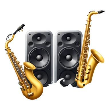 Icon for R&B Music Listening: large concert speakers and headphones with waves of musical notes coming out, along with drums, bass guitar and saxophone. The icon should convey the energetic and rhythmic vibe of R&B music. Transparent background sticker