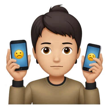 a chinese holding 1 smartphone with both hands in landscape mode(horizontally) on top of his forehead sticker