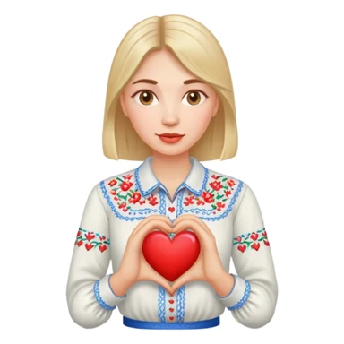 A Ukrainian woman in an embroidered shirt holds a heart in her hands sticker