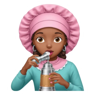Black girl wearing a bonnet rolling her eyes while drinking out a Stanley  sticker