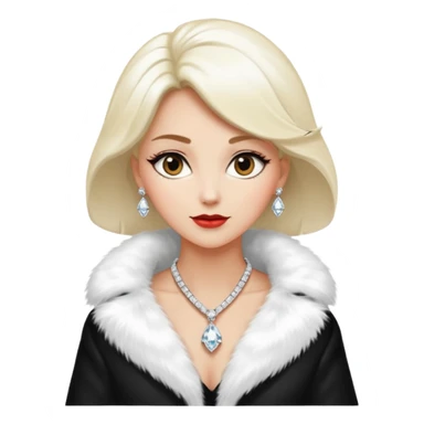 * Character: A stylish lady
* ﻿﻿Clothing: A luxurious white fur coat
* ﻿﻿Accessories: A dazzling diamond necklace
* ﻿﻿Expression: Confident, elegant, maybe slightly glamorous
* ﻿﻿Pose: Head slightly tilted or a poised posture
* ﻿﻿Style: Emoji-like, simple but expressive sticker